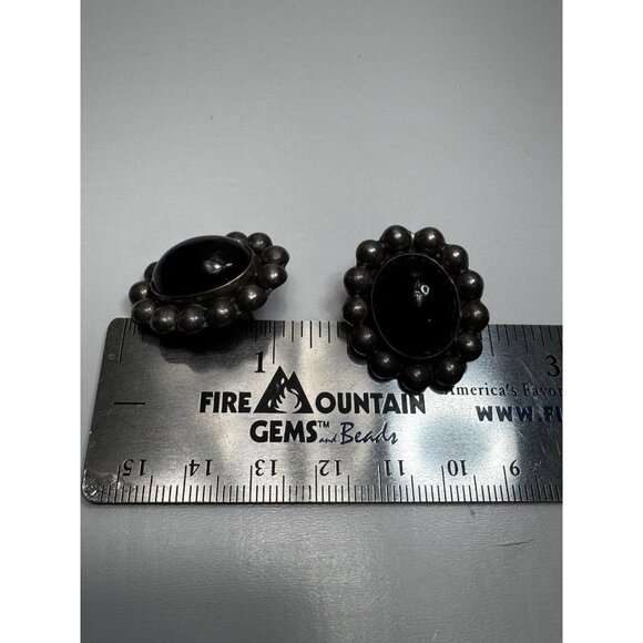 Mexican Sterling Silver Taxco Mexico Cabochon Onyx Oval Stud Earrings Modernist - Picture 6 of 10